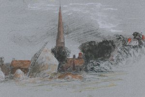 Landschapsstudie - een hooiberg bij een kerk